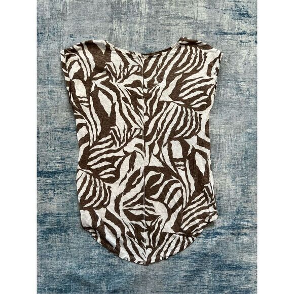 Ann Taylor Loft Brown White Abstract Zebra Pattern 100% Linen Short Sleeve Tee S - Picture 2 of 7